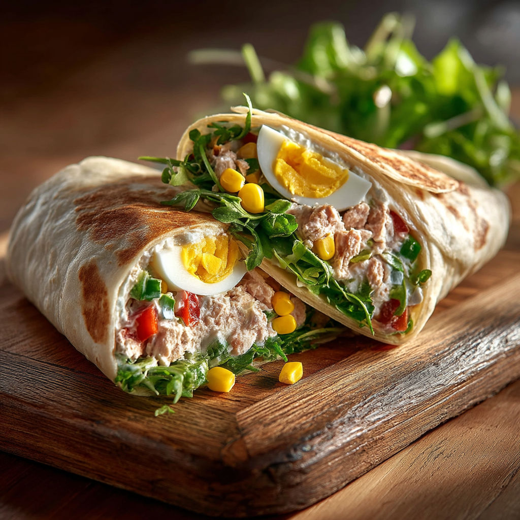 A sandwich with eggs and corn on a wooden table.