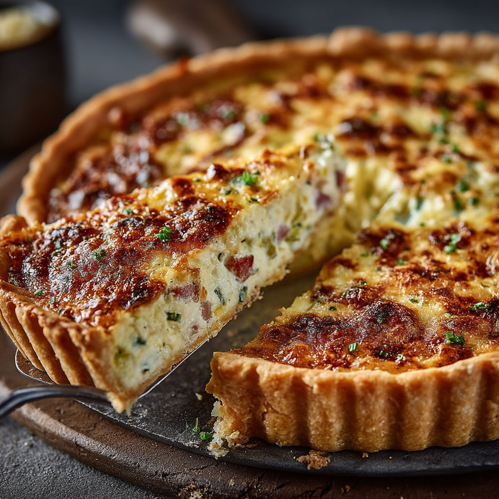 A slice of quiche with ham and pavé d'affinois.