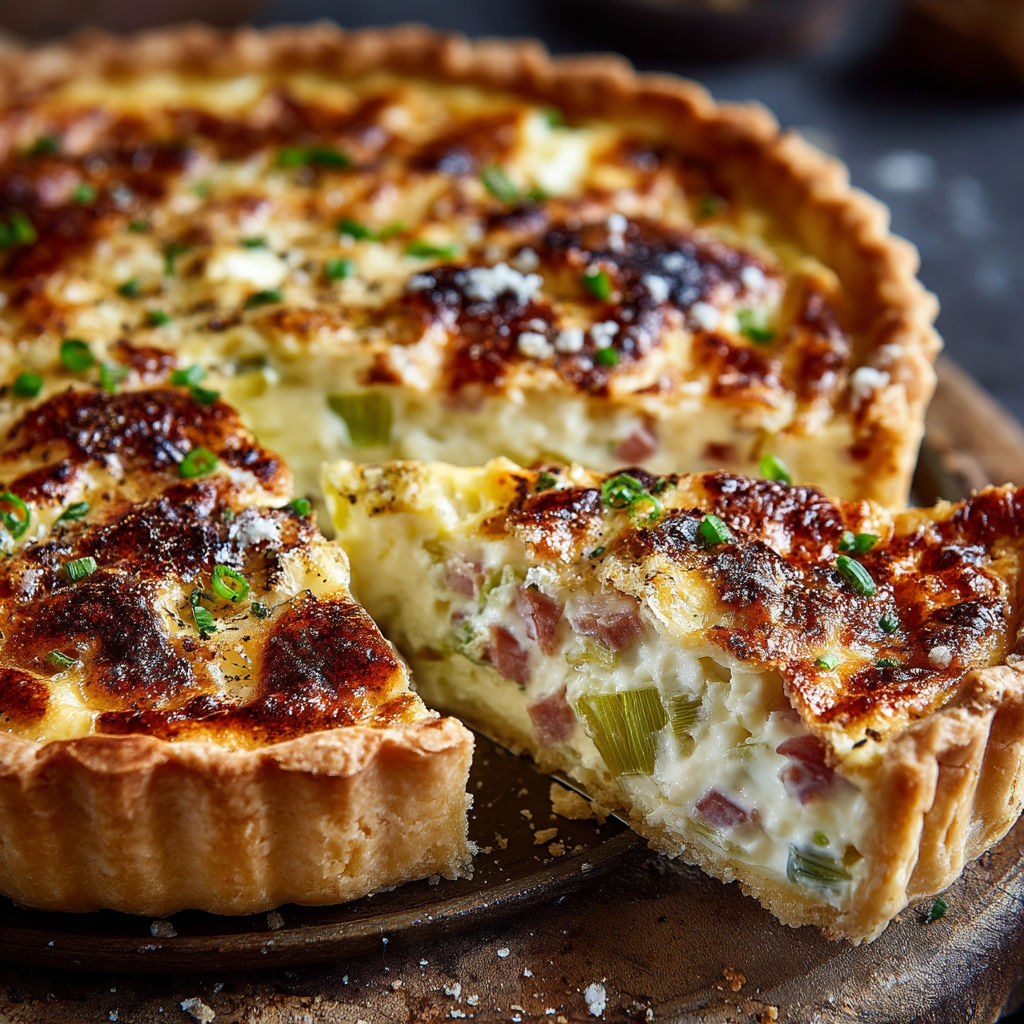 A slice of quiche with cheese and vegetables.