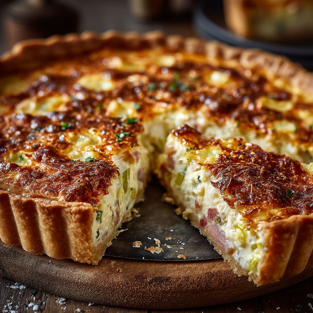 A slice of quiche with a golden brown crust.