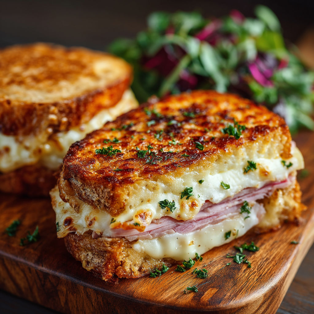 A sandwich with meat and cheese on a wooden table.