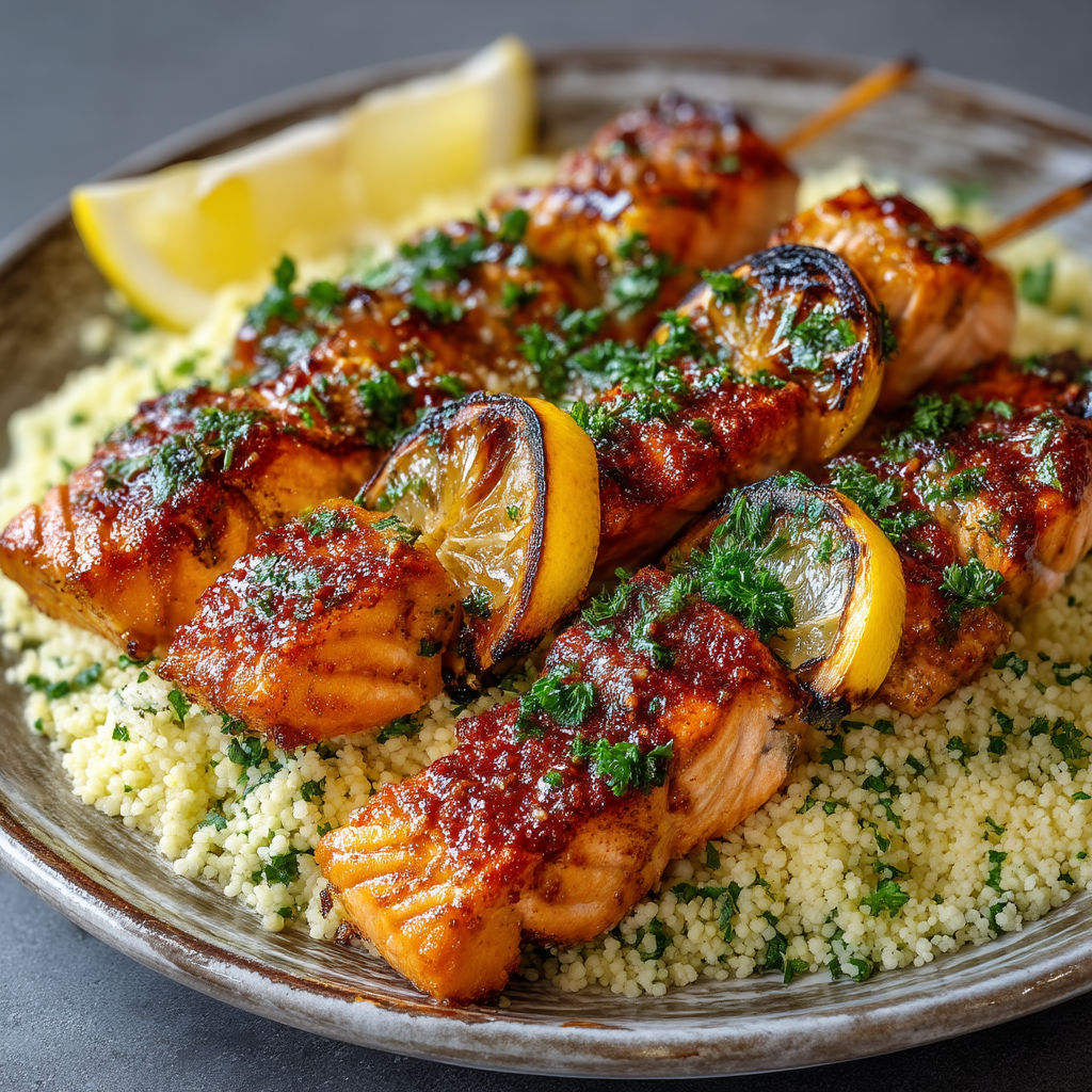 A plate of grilled salmon with lemon and herbs.
