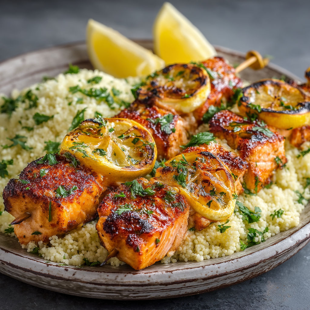 A plate of food with meat and lemon wedges.
