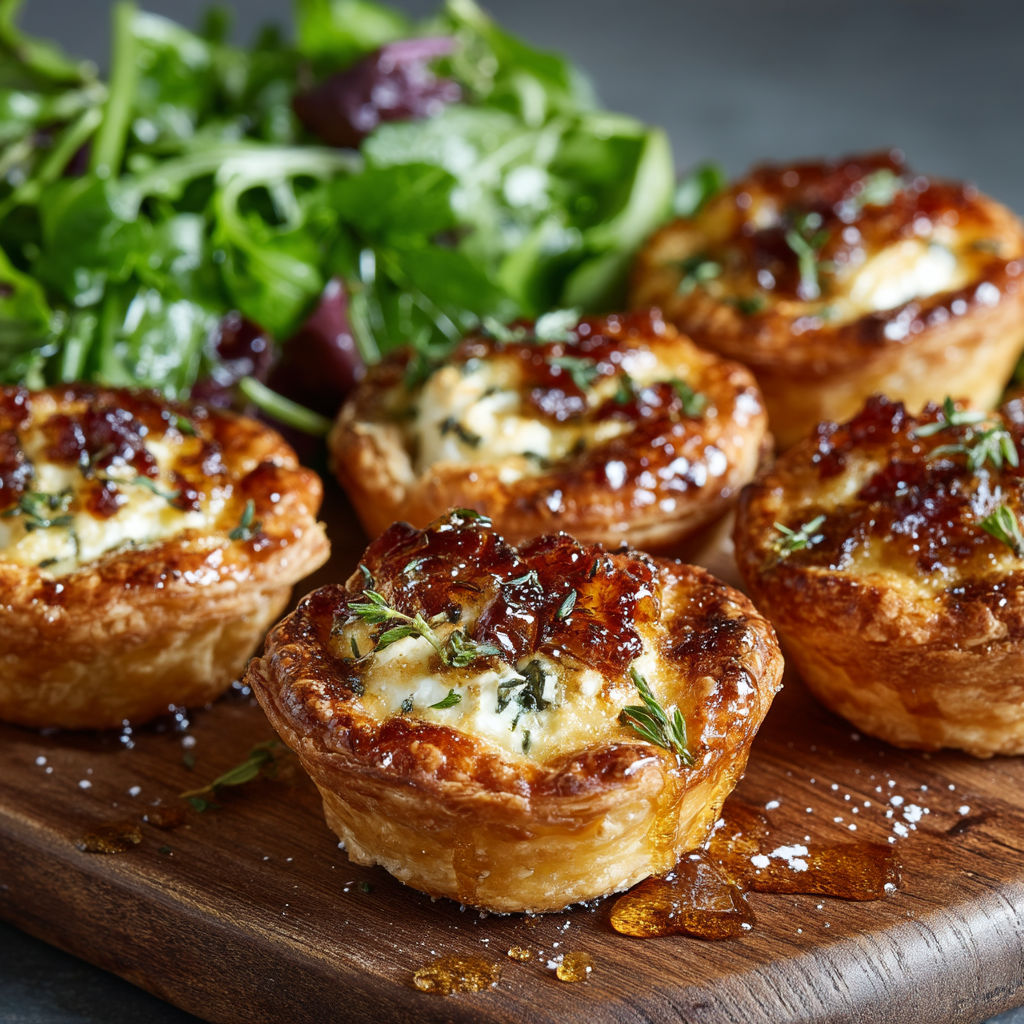 A plate of four tartelettes with cheese and honey.