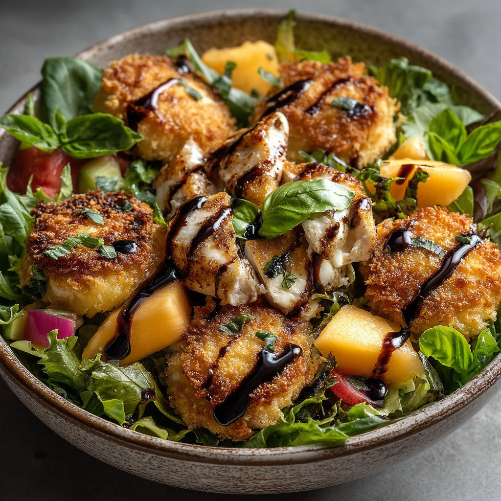 A bowl of salad with chicken, melon, and cheese.