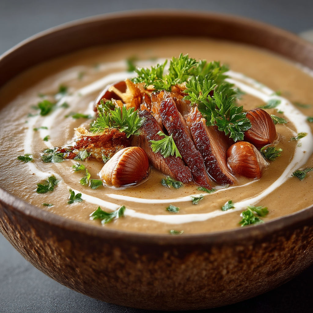 A bowl of soup with meat and vegetables.
