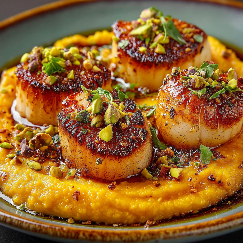 A plate of food with Saint-Jacques, purée de courge & pistaches.