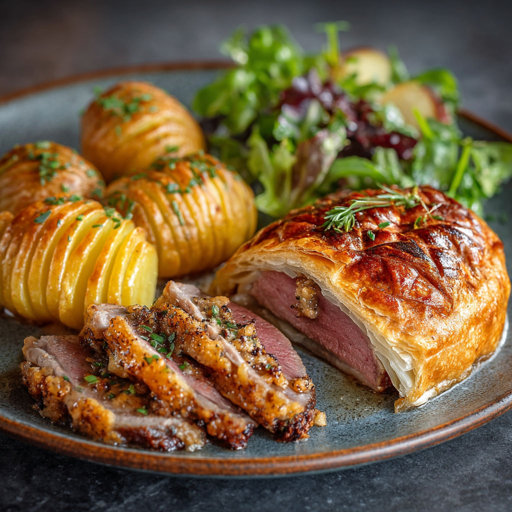 A plate of food with a pastry, meat, and potatoes.