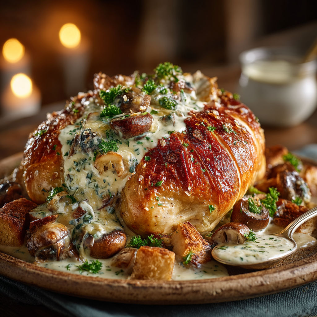 A plate of food with a chicken dish and mushrooms.