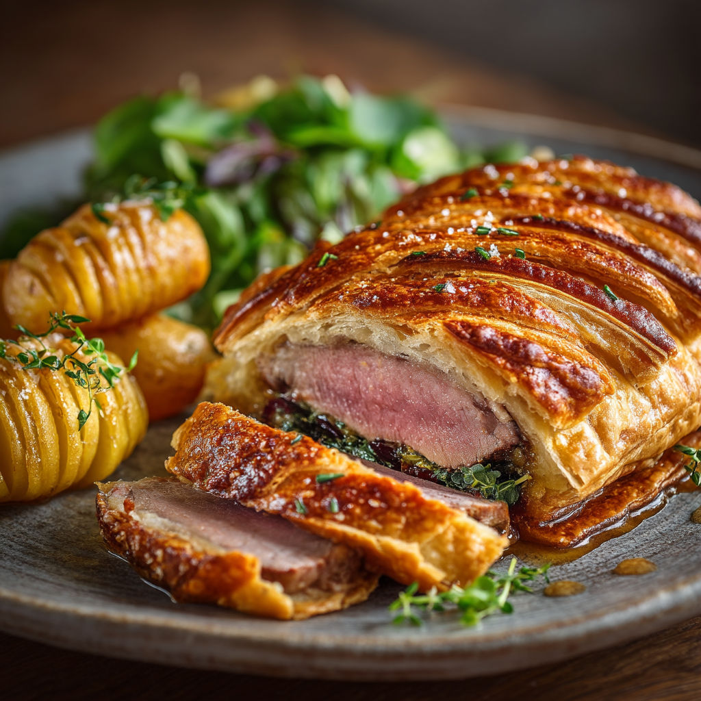 A plate of food with a pastry and a salad.