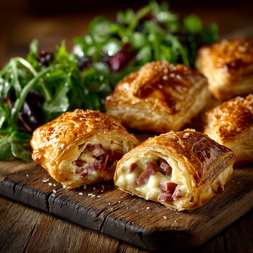 A plate of food with a pastry and a salad.