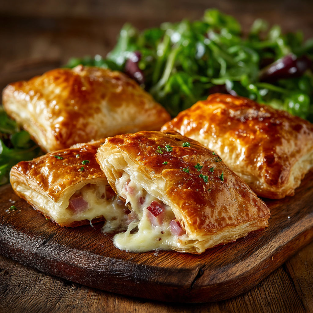A plate of food with a pastry and a salad.