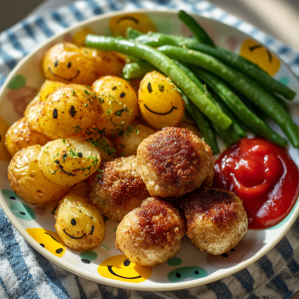 A plate of food with a smiley face on it.