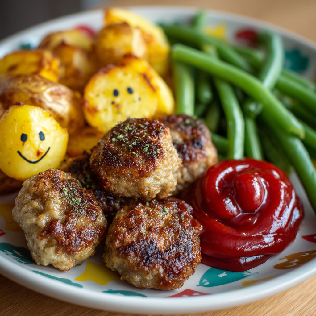 A plate of food with meatballs, potatoes, and green beans.