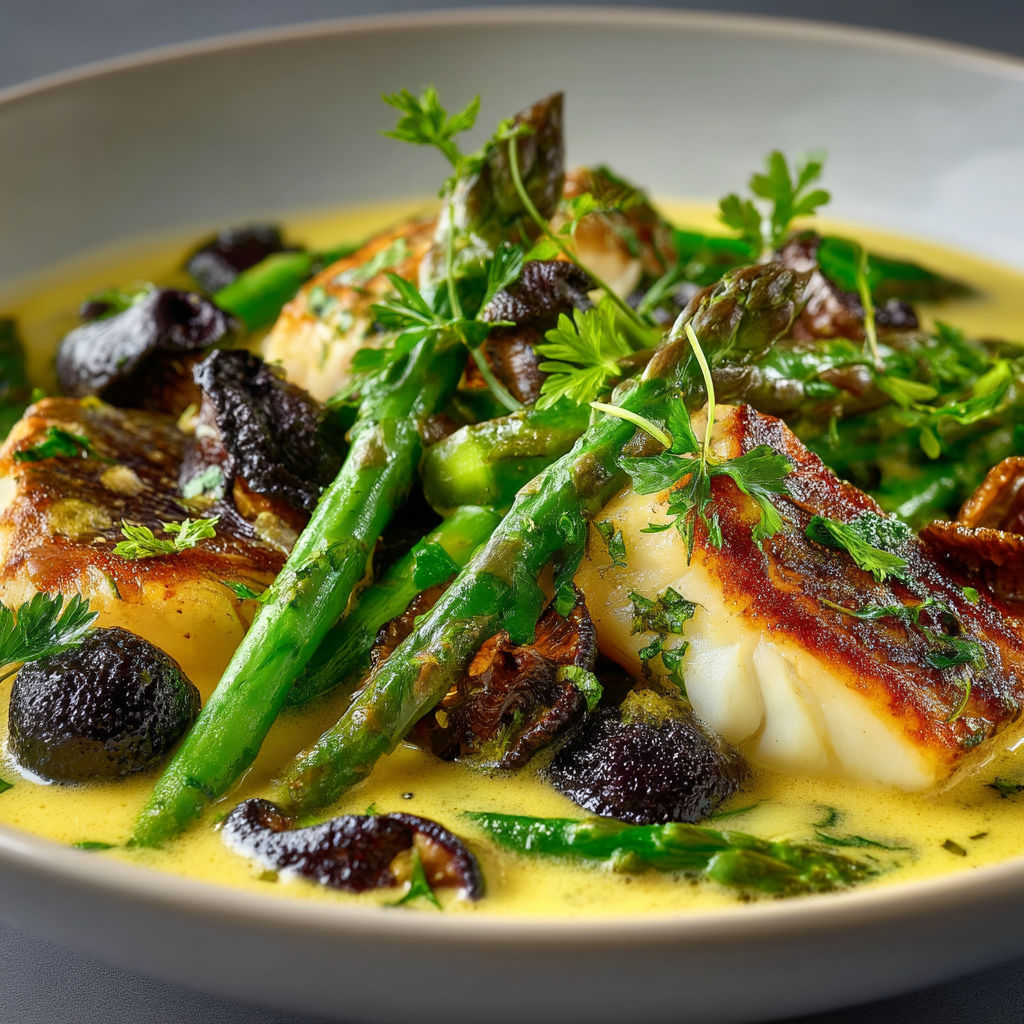 A bowl of food with asparagus and fish.