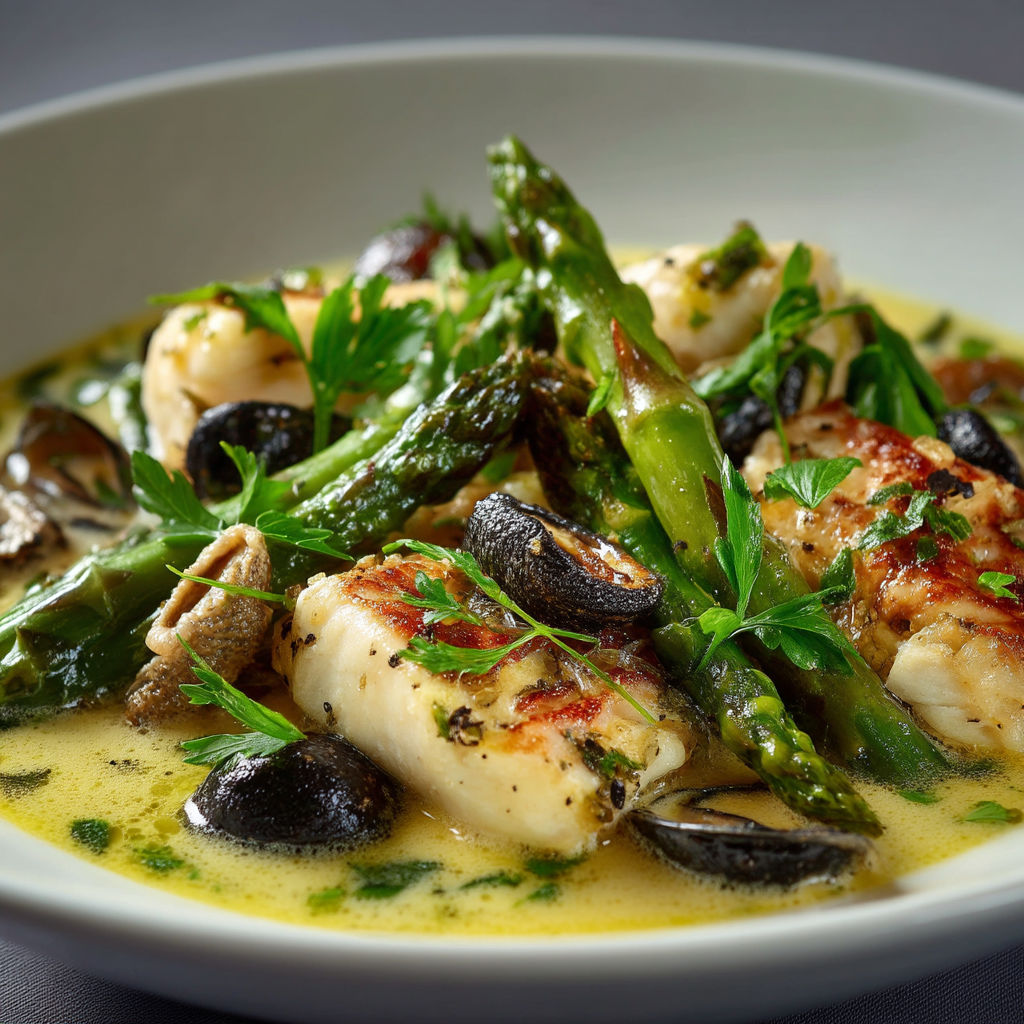 A bowl of food with asparagus, mushrooms, and chicken.