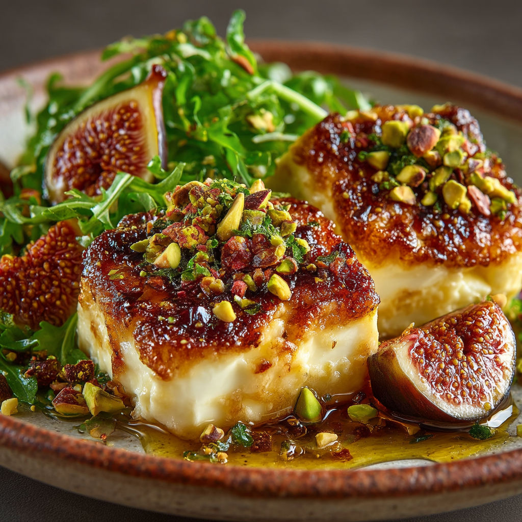 A plate of food with feta cheese and figs.