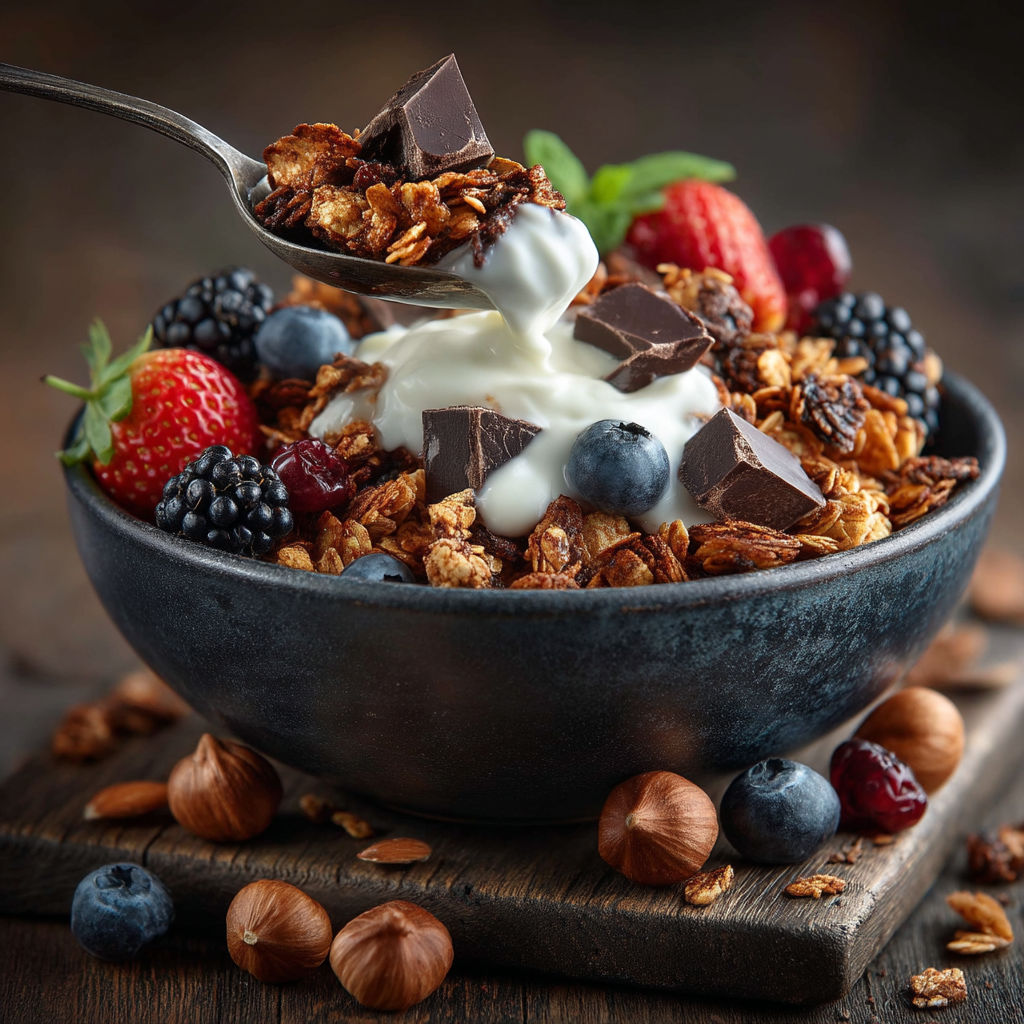 A bowl of granola choco loco with a spoon in it.