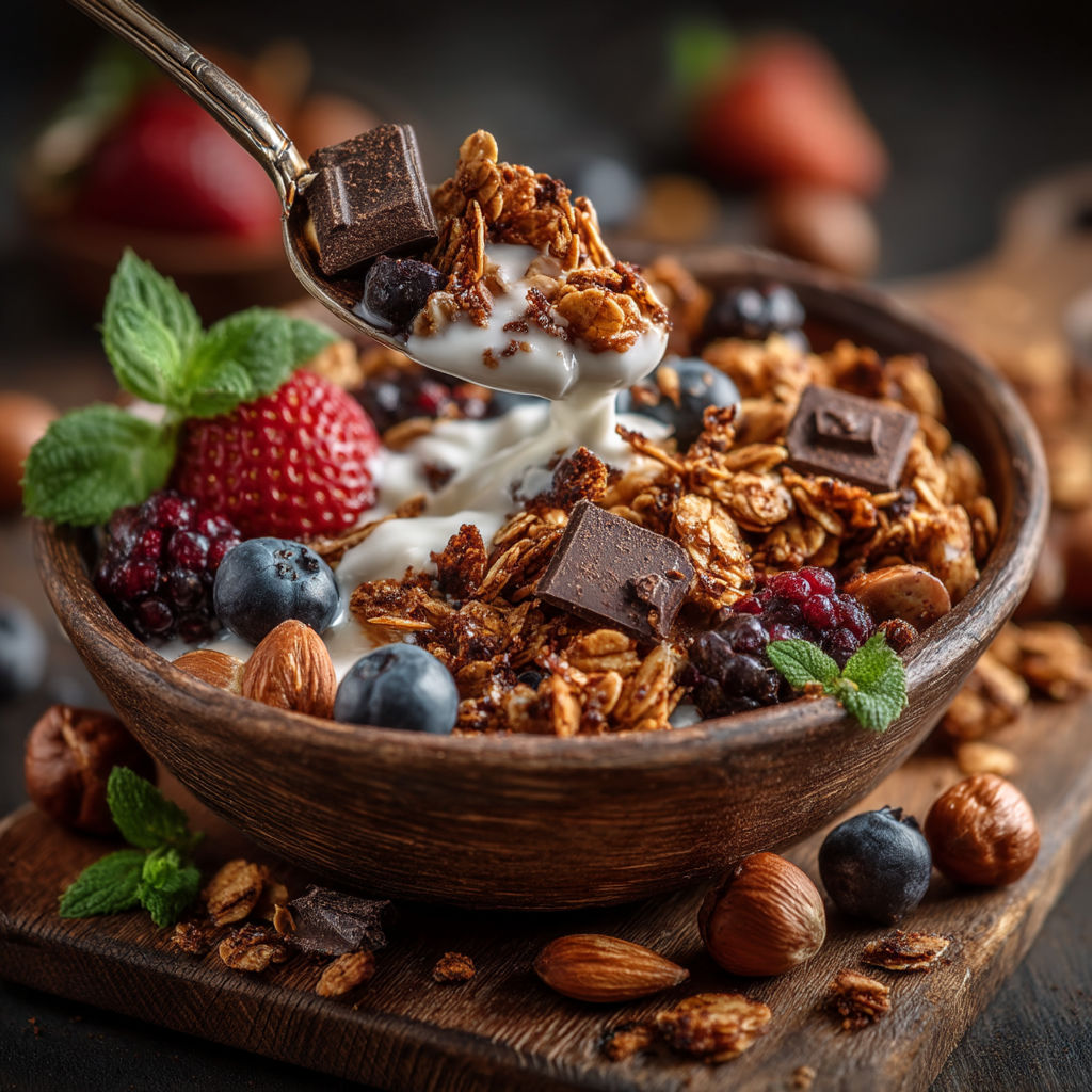 A bowl of cereal with chocolate chips and nuts.