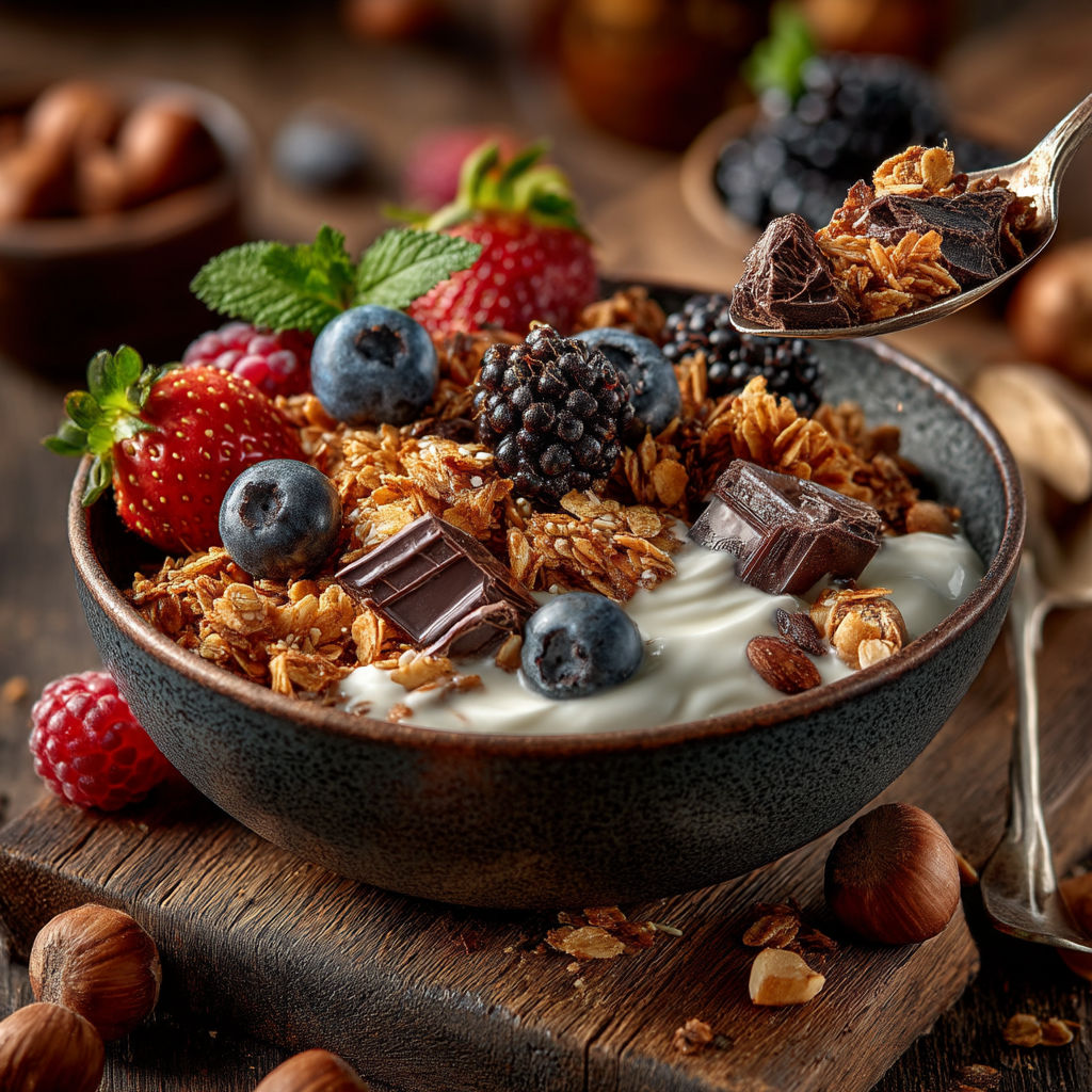 A bowl of granola with blueberries and strawberries.