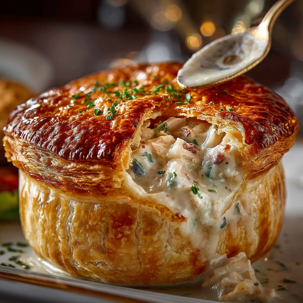A close up of a pot pie with a spoon in it.