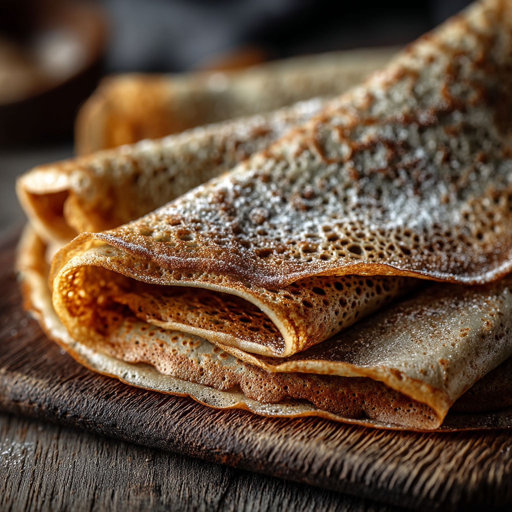 A galette de sarrasin is on a wooden table.