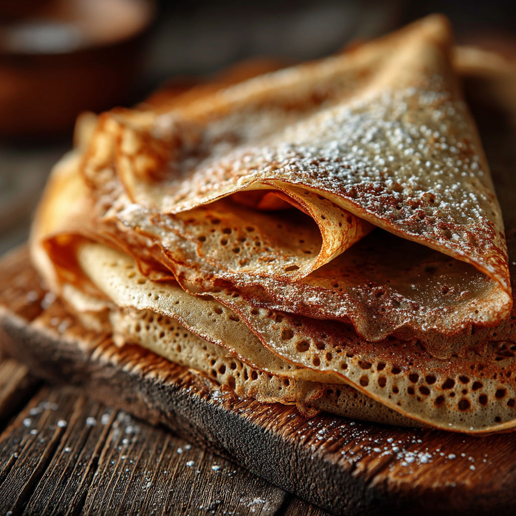 A stack of crepes with powdered sugar on a wooden table.