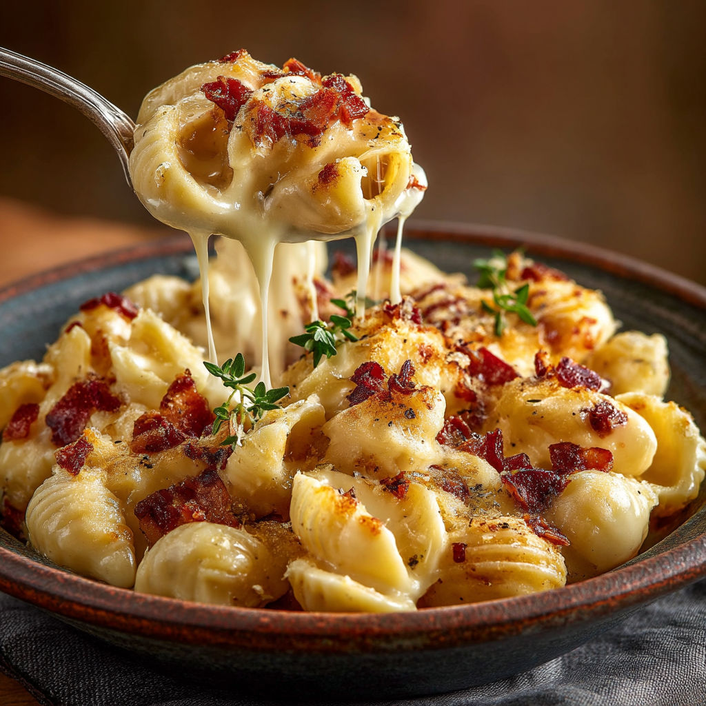 A bowl of macaroni and cheese with bacon bits.