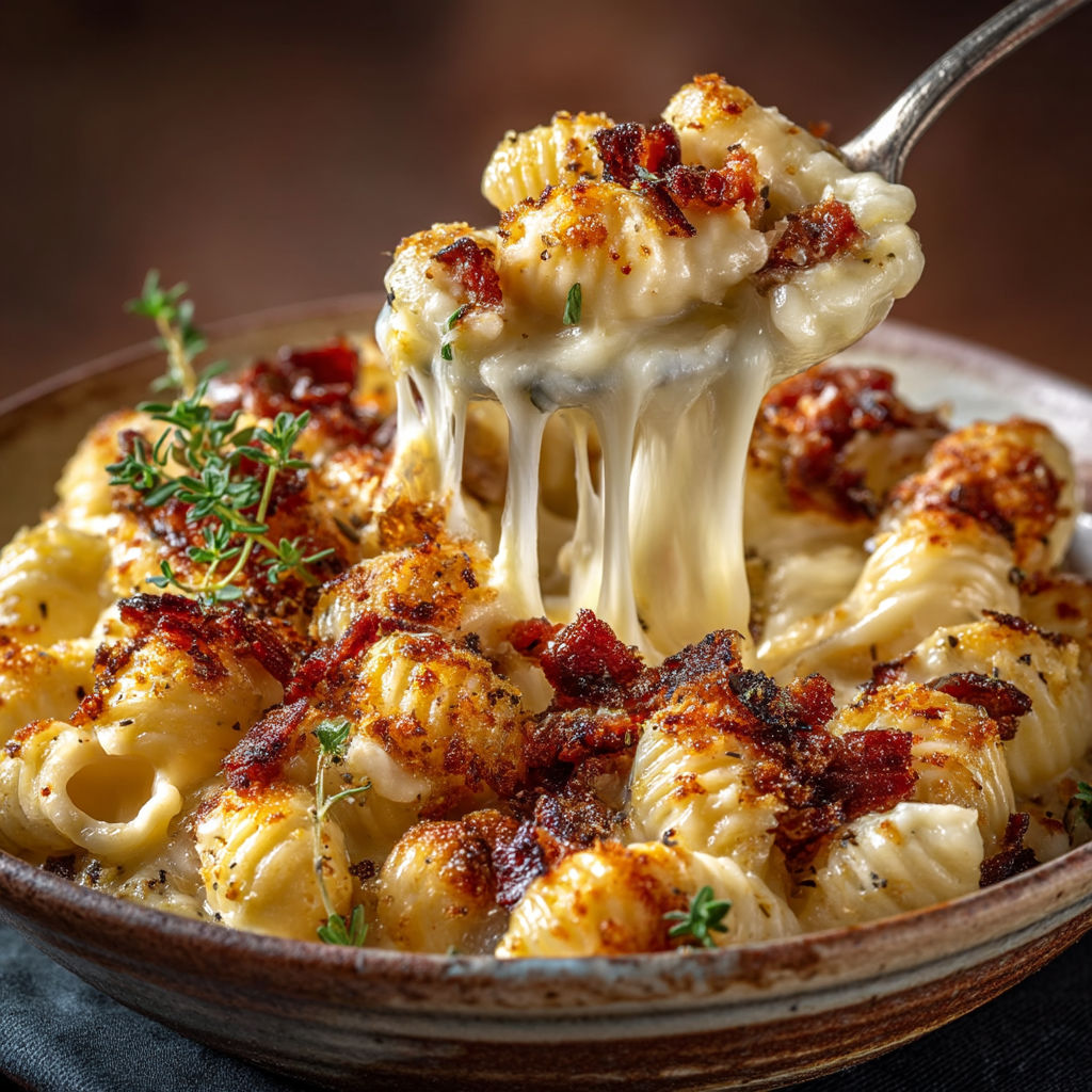 A bowl of macaroni and cheese with bacon bits.