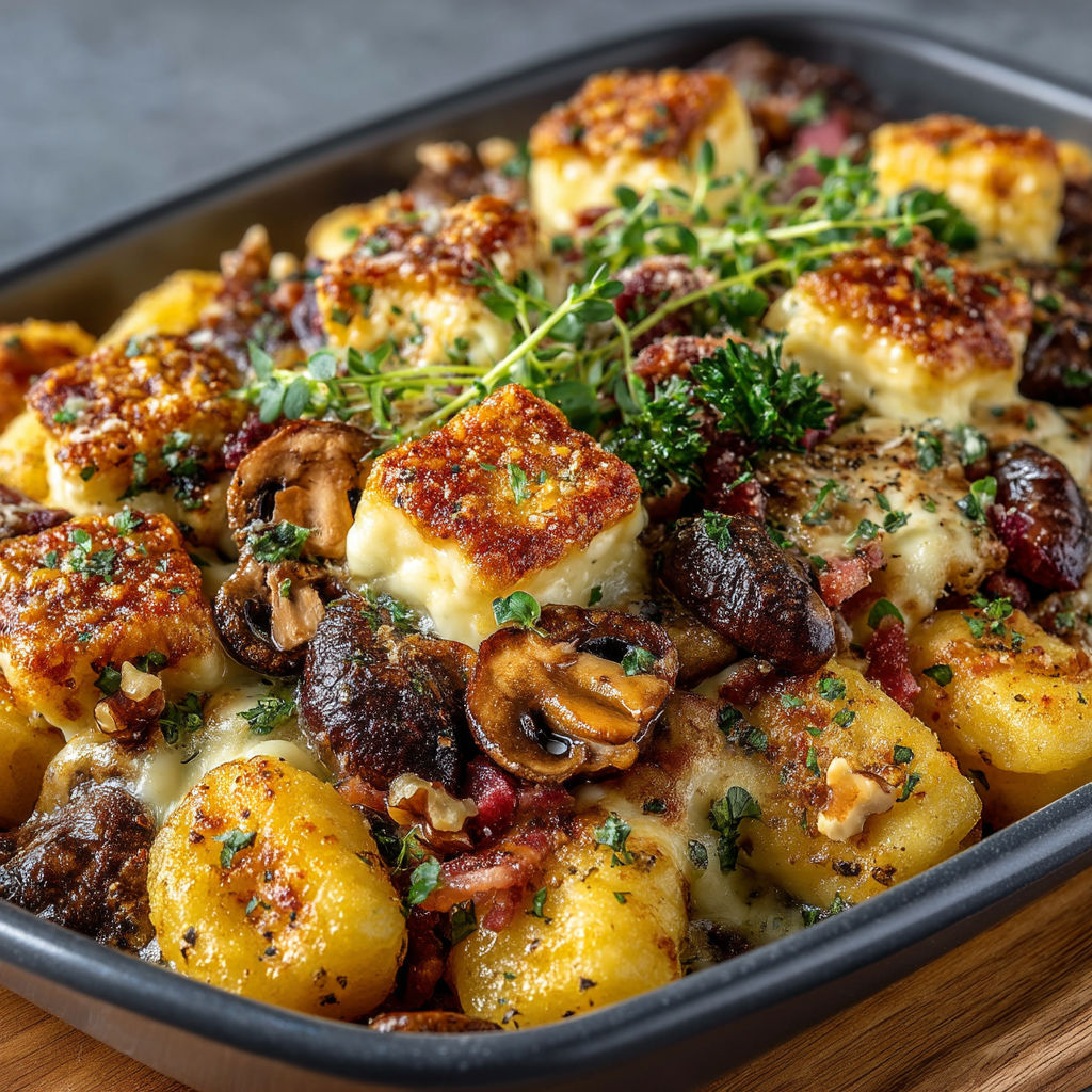 A dish of food with mushrooms and cheese.