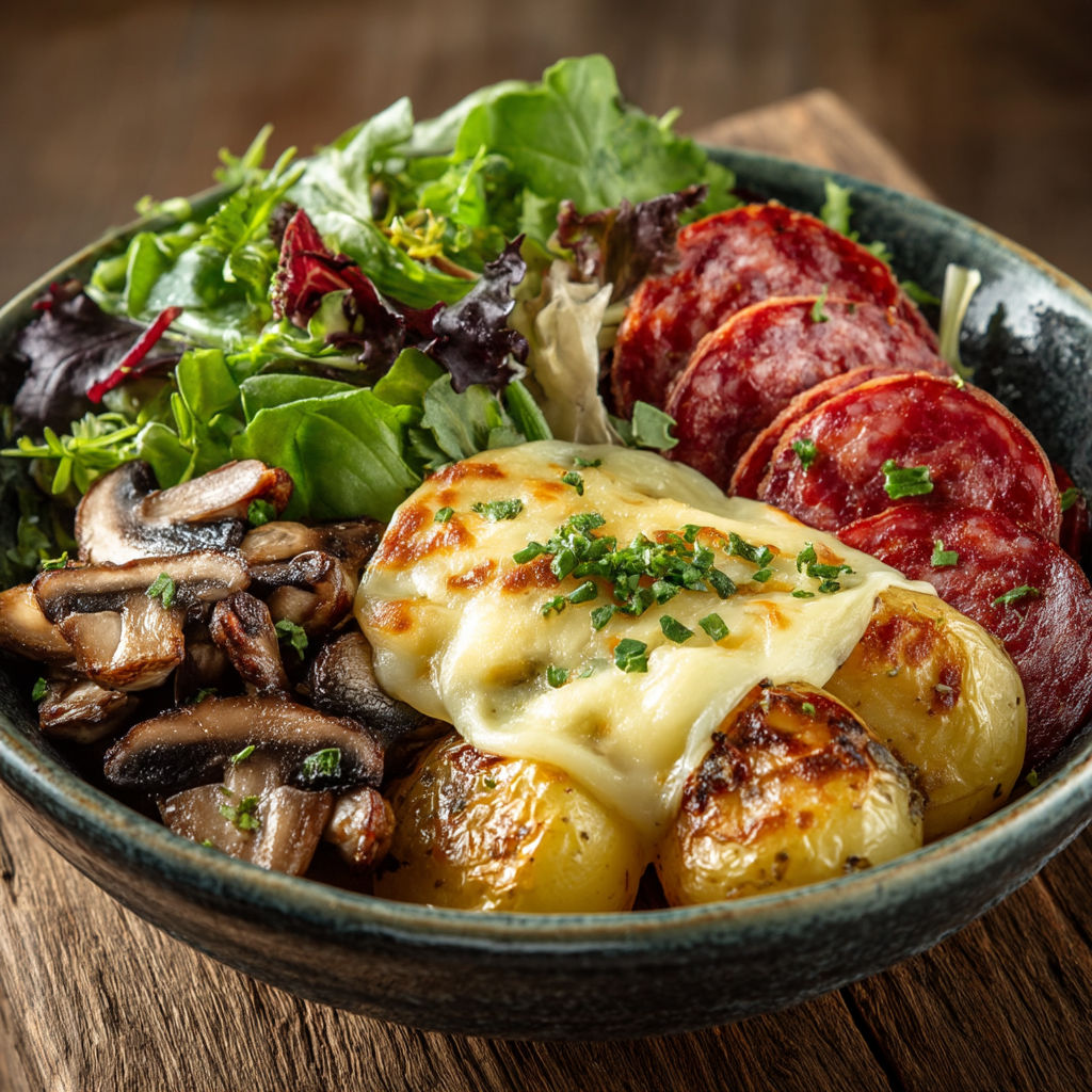 A bowl of food with meat, potatoes, and salad.