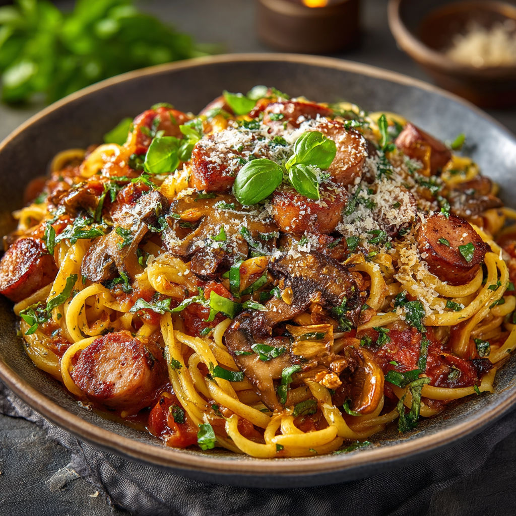 A bowl of spaghetti with tomatoes, sausage, and mushrooms.