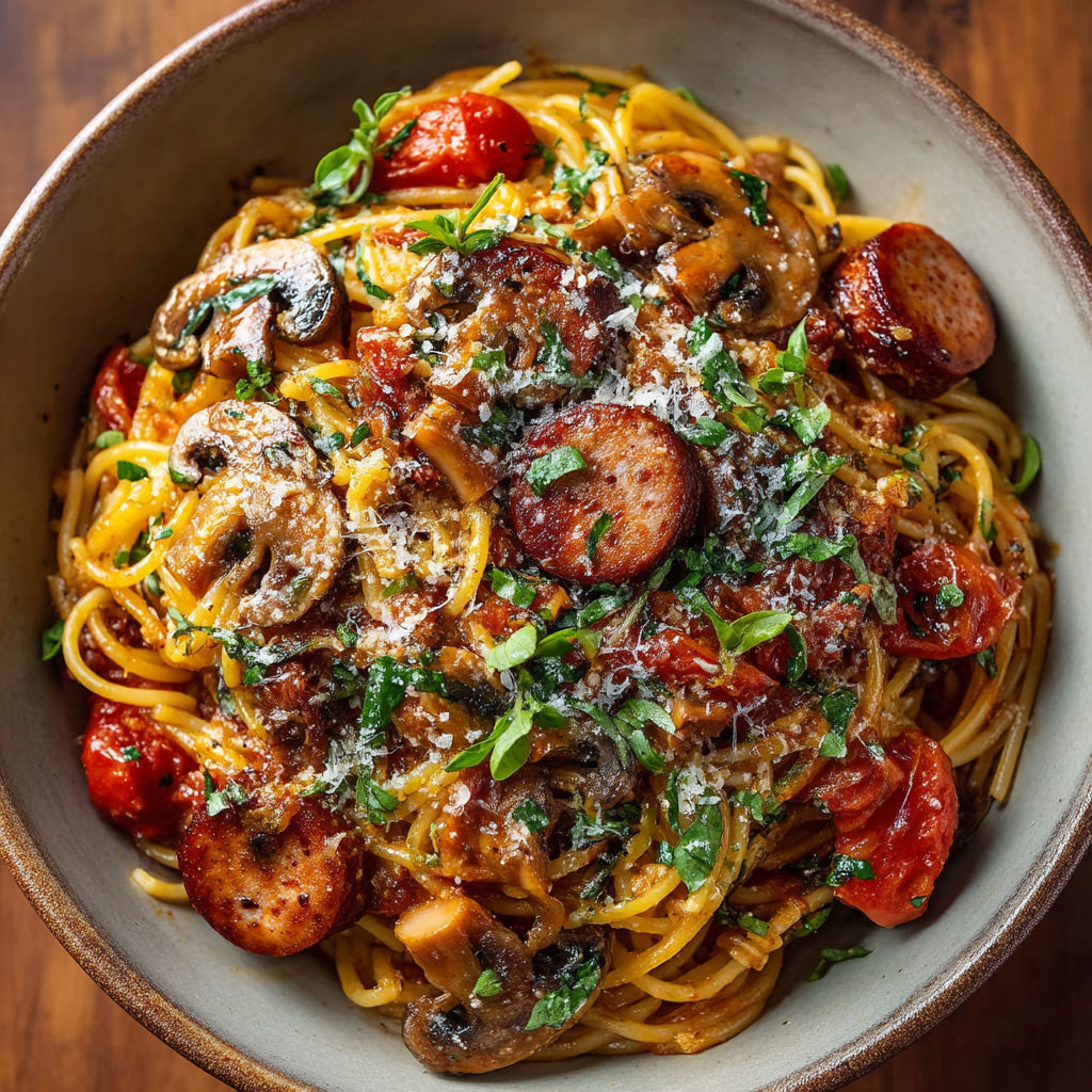 A bowl of pasta with mushrooms, tomatoes, and sausage.