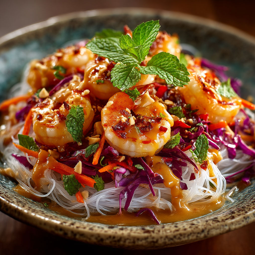 A bowl of shrimp salad with a mint garnish.