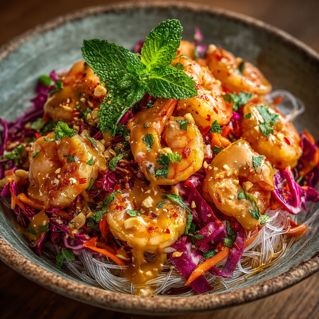 A bowl of shrimp salad with a green leaf on top.