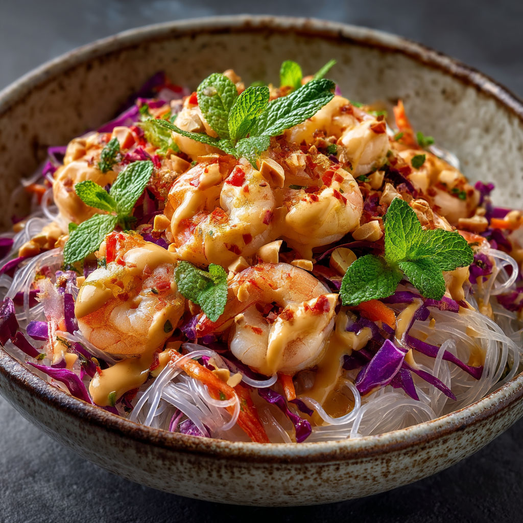 A bowl of shrimp salad with mint leaves.