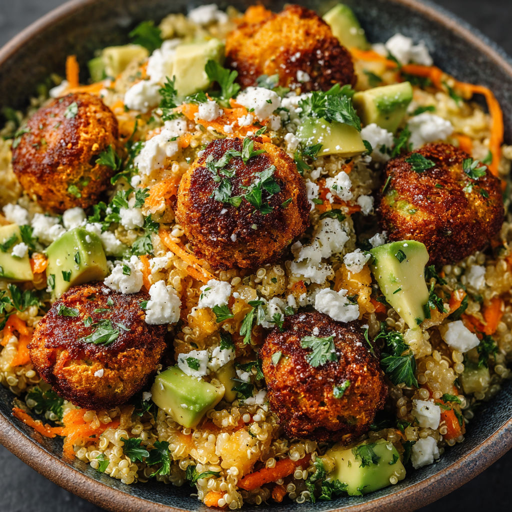 A bowl of food with rice, meatballs, and vegetables.