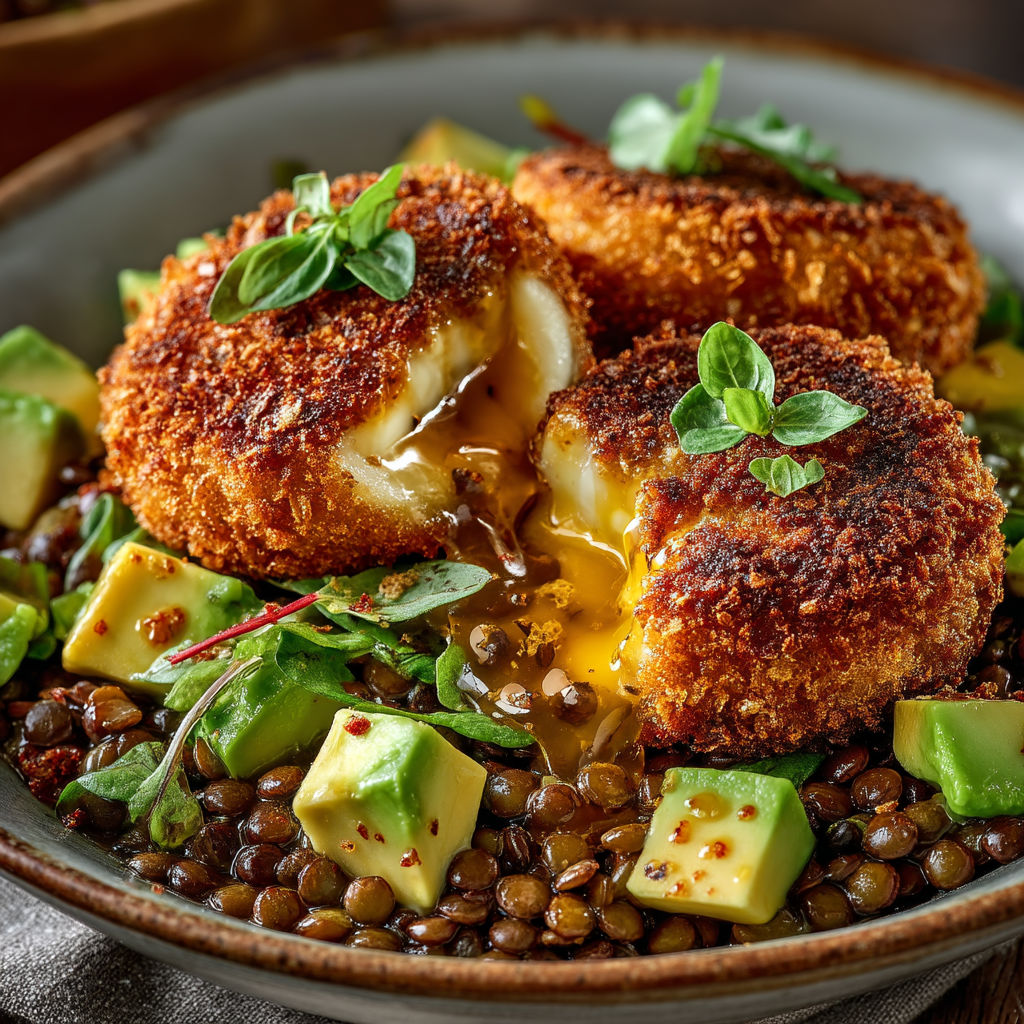 A plate of food with a salad of lentils, avocado, and camembert.