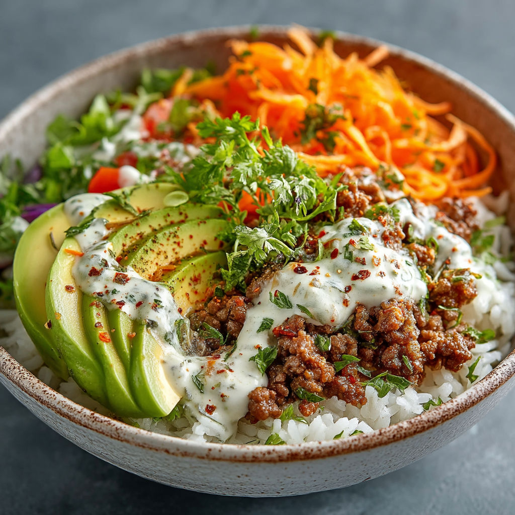 A bowl of food with rice, meat, and vegetables.