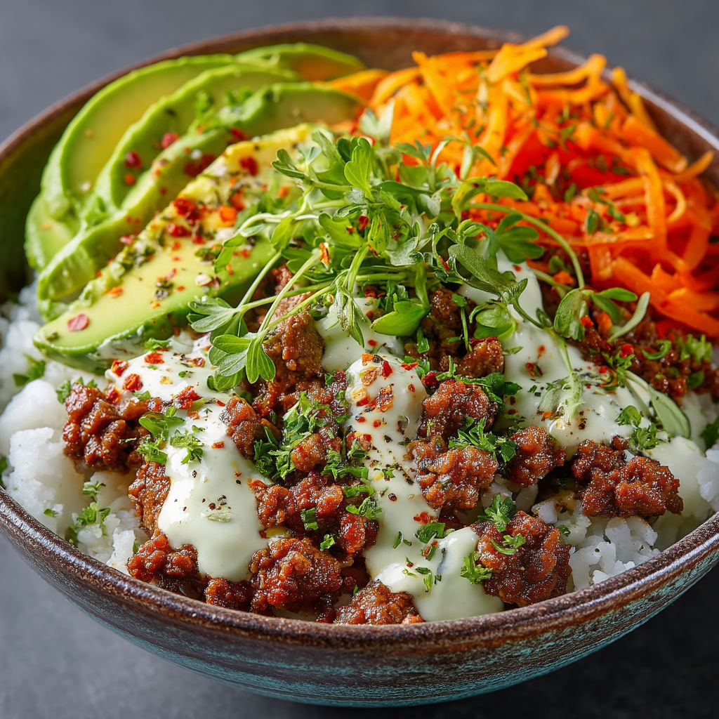 A bowl of food with rice, meat, and vegetables.