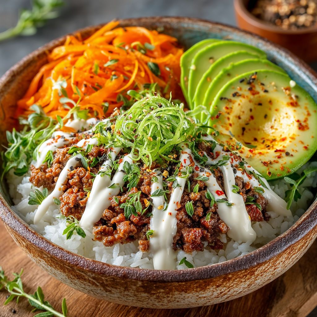 A bowl of food with rice, meat, and vegetables.