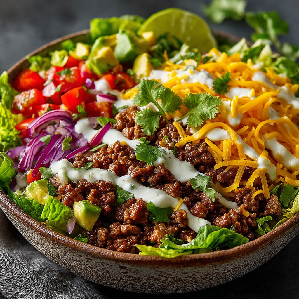 A bowl of salad with meat and cheese.