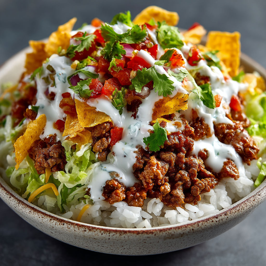 A bowl of food with rice, beans, lettuce, tomatoes, and cheese.
