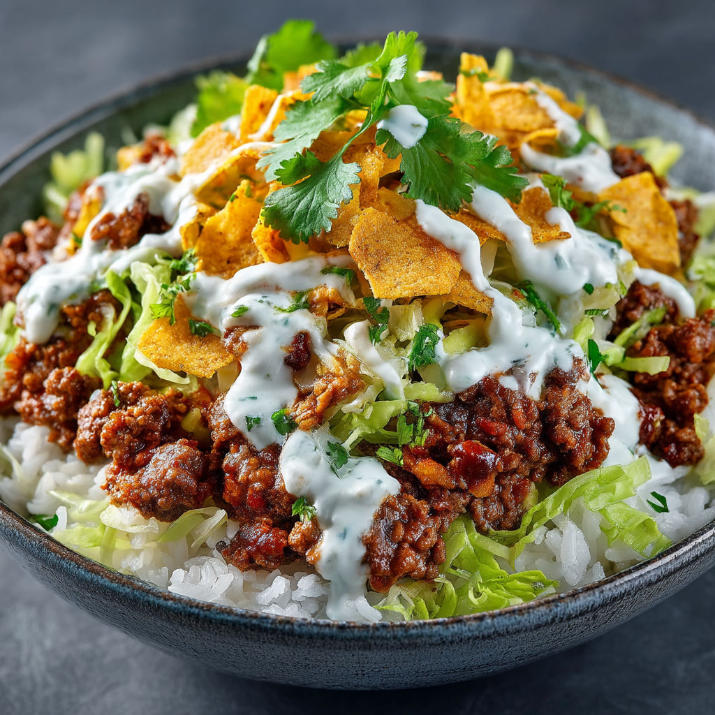 A bowl of food with lettuce, rice, and chips.
