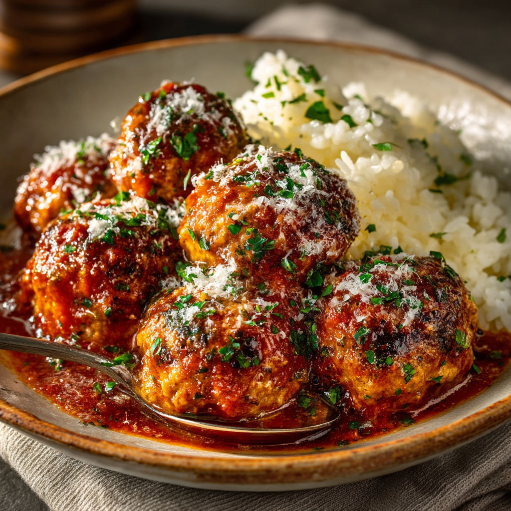 A plate of meatballs with sauce and rice.