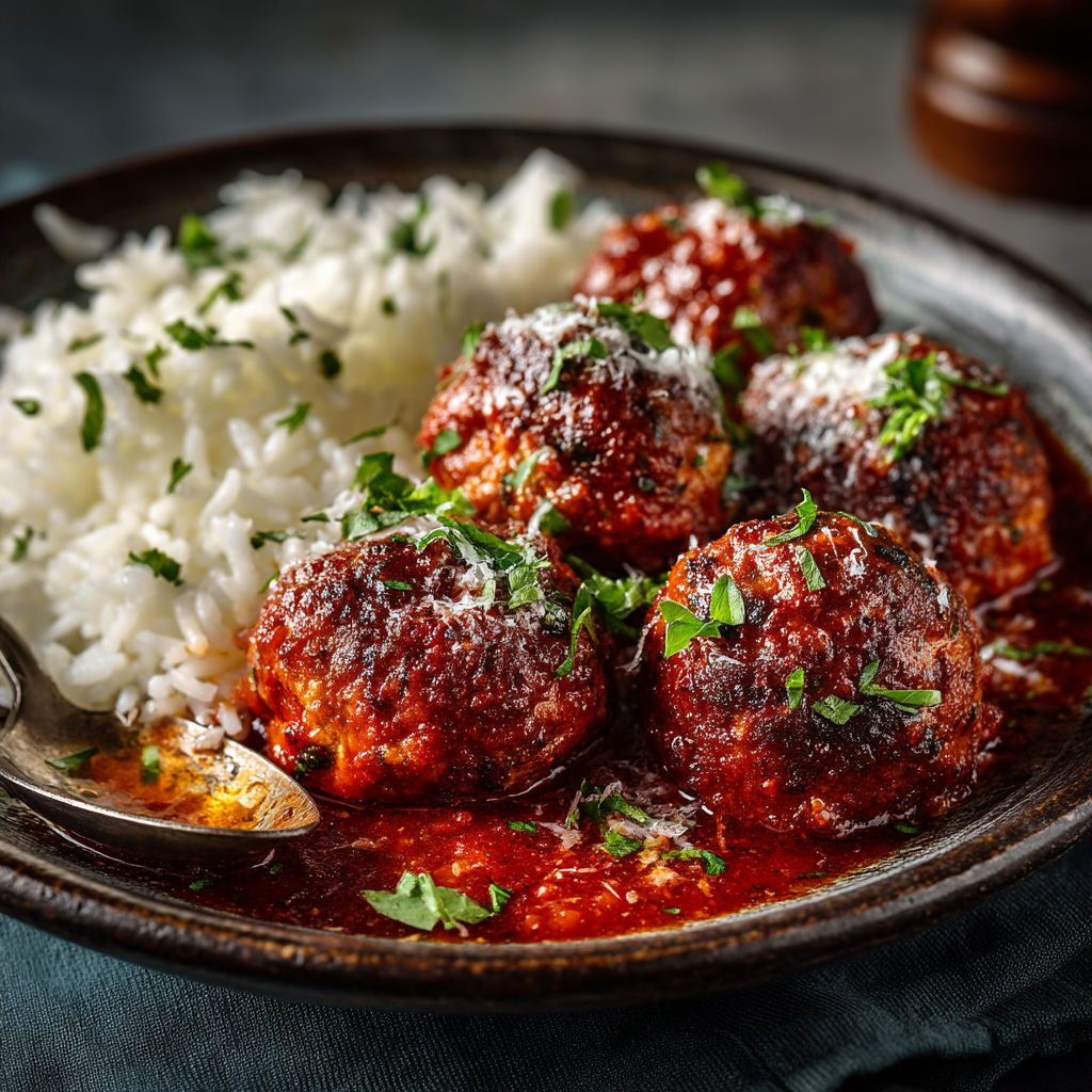 A plate of meatballs and rice.