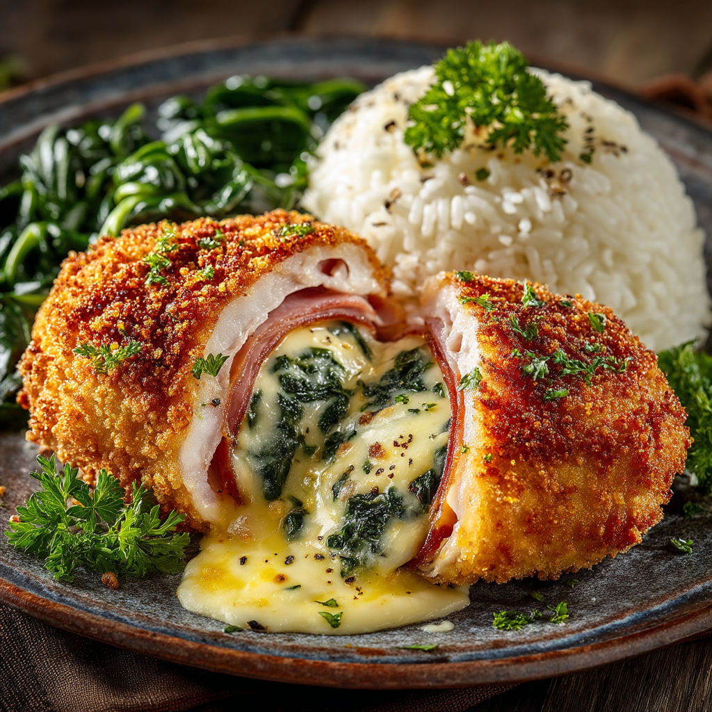 A plate of food with chicken, spinach, and rice.