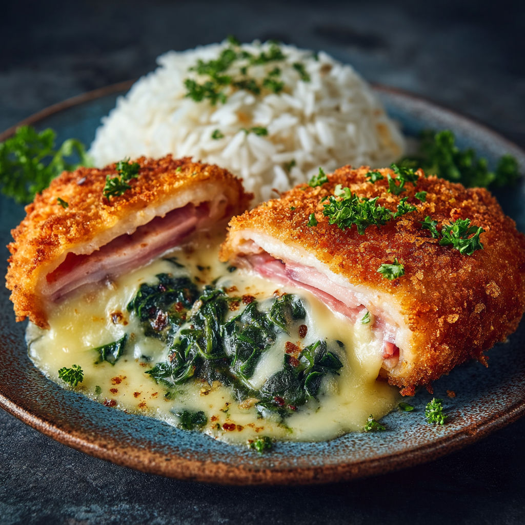 A plate of food with chicken, spinach and rice.
