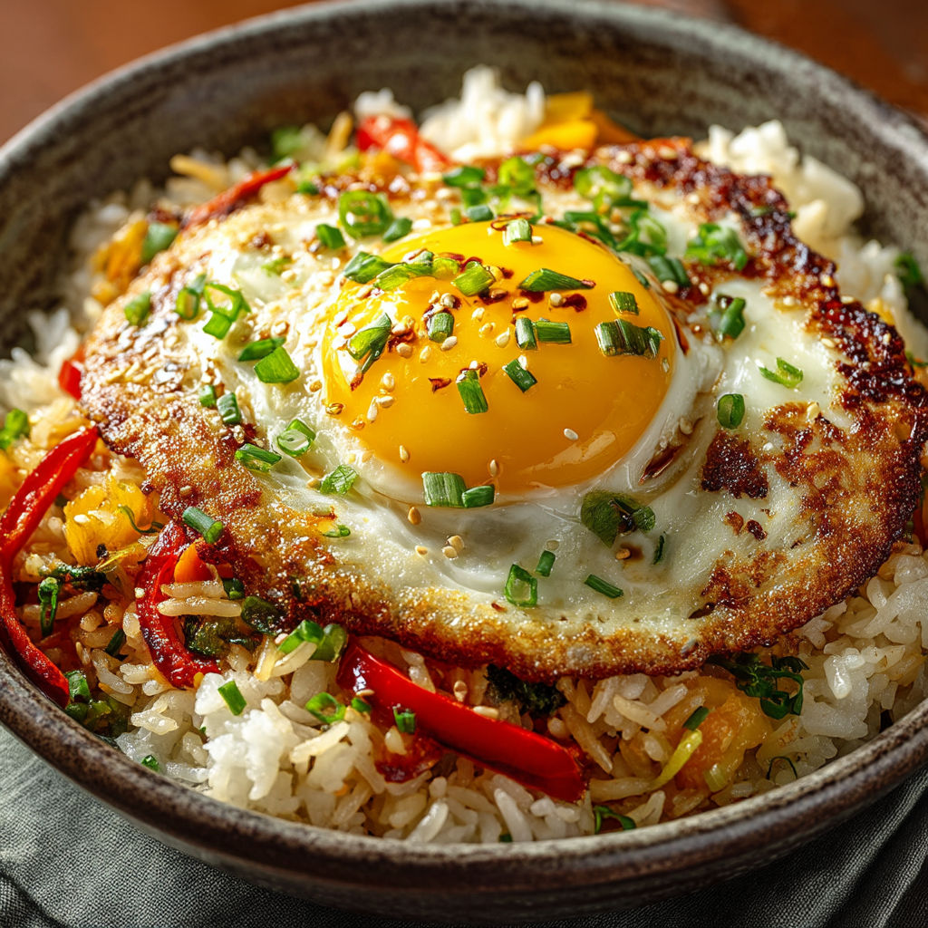 A fried egg on top of rice and vegetables.