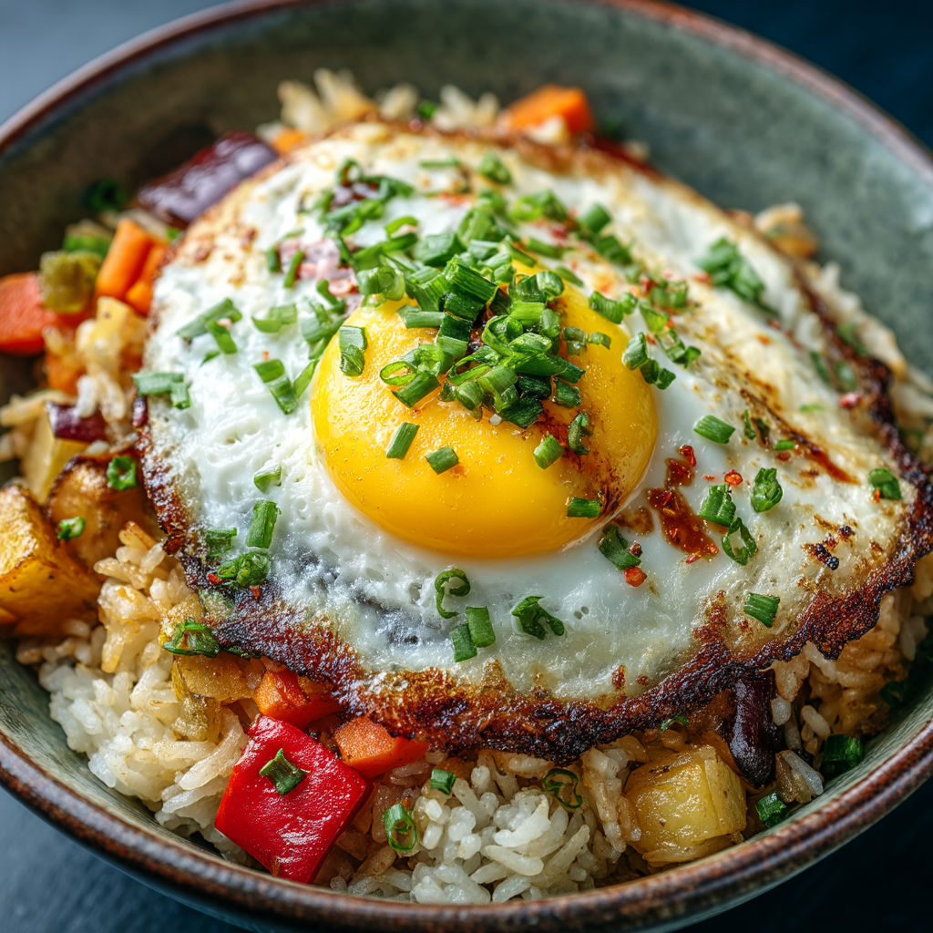 A fried egg on top of rice and vegetables.